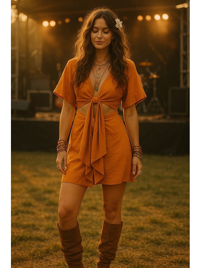  Women's Boho Dress Western Dress Vintage Mini Dress A Line Dress Casual Outdoor Beach Regular Fit Solid Color Half Sleeve Spaghetti Strap Orange Summer Spring