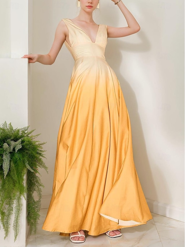  Ombre Yellow Dress Evening Gown Semi Formal Wedding Guest Floor Length Sleeveless Off Shoulder Plunge Neck Satin with Pleats