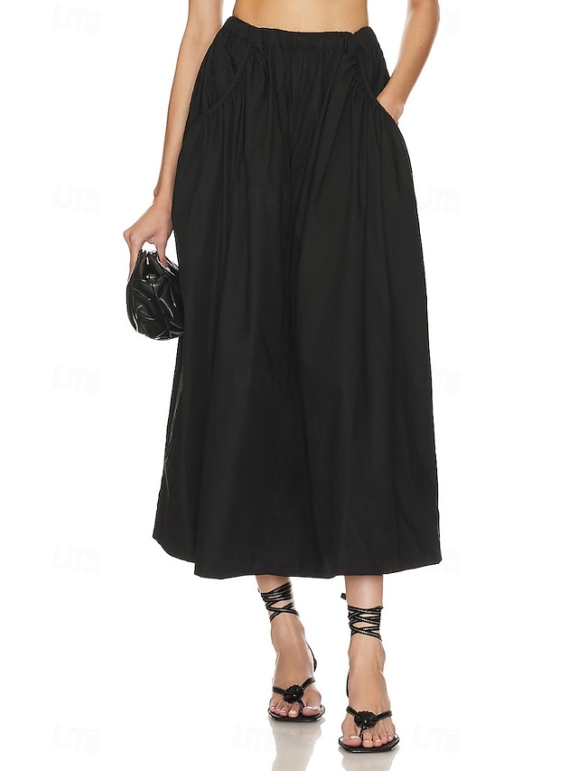  Femmes Jupe Évasé Mode Maxi Taille Basse Jupes Uni Avec Poches Micro-Élastique Vacances Rue Noir Blanche Champagne Beige Été Mélange Lin-Coton
