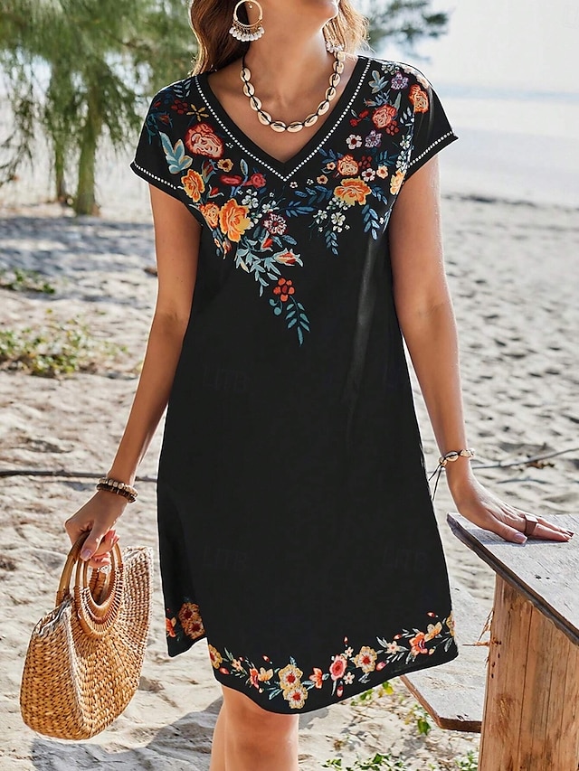  Dames Mini-jurk T shirt jurk A lijn jurk Zomerjurk Vakantie Casual Dagelijks Normale pasvorm Bloemig Grafisch Korte mouw V-hals Zwart Zomer Lente