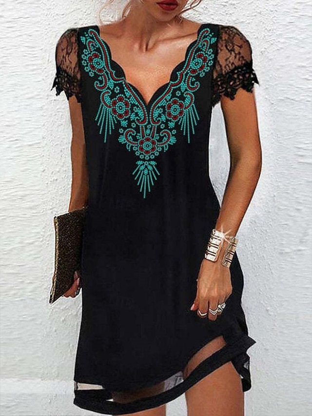  Femmes Mini Robe Robe trapèze Occasionnel Extérieur Sortir Plage Coupe régulière Graphique Manche Courte Col en V Blanche Jaune Rose Claire Bleu Été