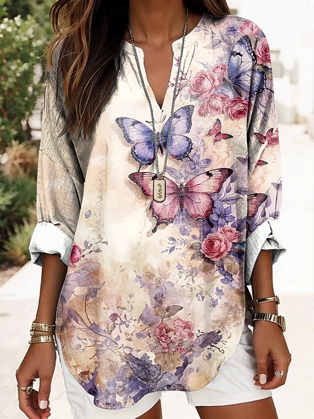 Women's Blouse Tunic V Neck Long Sleeve Boho Casual Floral Graphic Butterfly Elegant Daily Ladies Regular Tops Daily Print Blue Purple Beige4