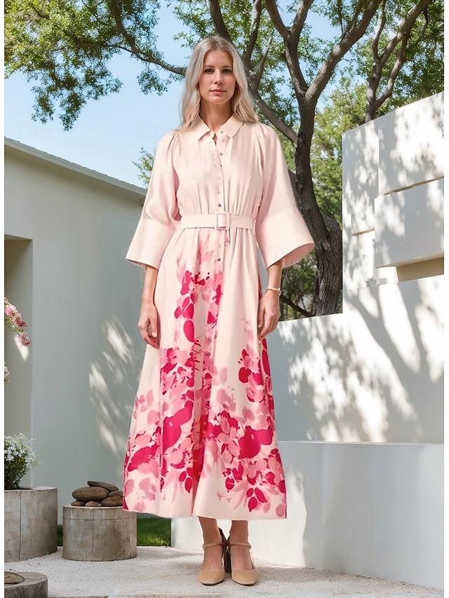  A-Linien Mutter der Braut Hemd Kleid Elegantes Einfach Minimalistisch Blumenmuster Tee-Länge Satin 3/4 Länge Ärmel Rosa Kleid mit Gürtel  Band Knöpfen Hochzeitsgast Kleid