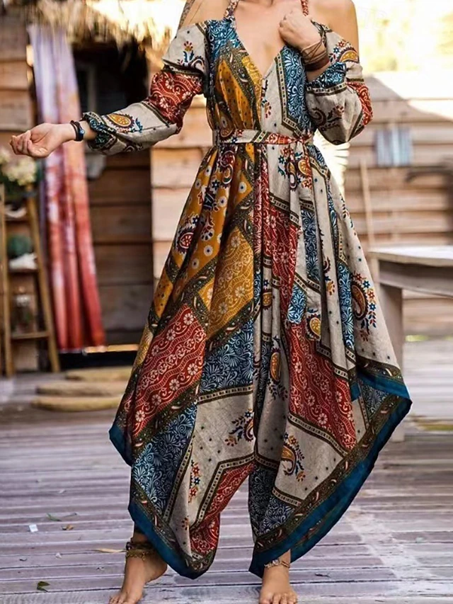 Women's Normal Dungarees Jumpsuit Streetwear Floral Long Sleeve Halter Neck Print Street Daily Regular Fit Navy Blue Summer4