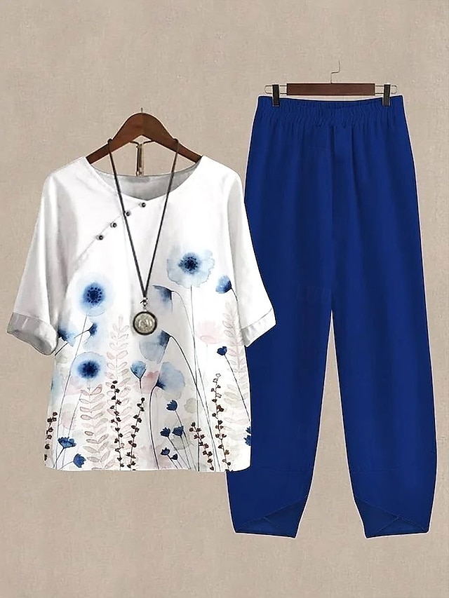  Damen 2 Teile Basic Shirt Hosen Sets Kurzarm Halbarm Rundhals Blumen Grafik Pflanzenmuster Urlaub Wochenende Dunkelblau Sommer Lockerer Schnitt
