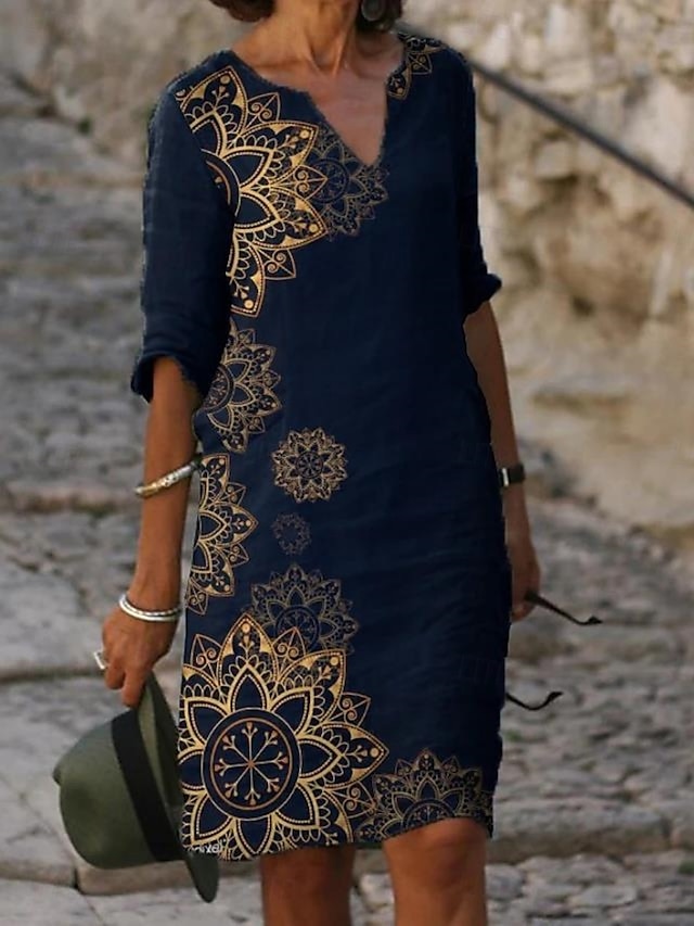  Femmes Mini Robe Robe Décontractée Robe fourreau Robe d'été Mode Moderne Quotidien Plage Week-end Coupe régulière Fleuri Manche 3/4 Col en V Aqua bleu bleu marine Bleu Vert Été