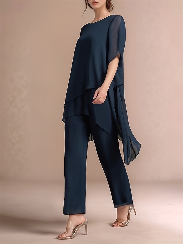 Hosenanzug Brautmutterkleid Elegant Hemdkragen Asymmetrisch Chiffon Kurzarm mit Einfarbig 2025