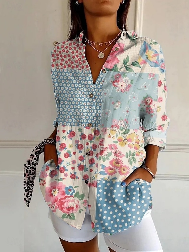  Per donna Camicia Floreale Bohemien Hawaiano Manica Lunga Colletto a Camicia Top Regolari Quotidiano Ferie Tasca Bottoni Stampato Bianco Giallo Rosa Blu marino Blu Estate