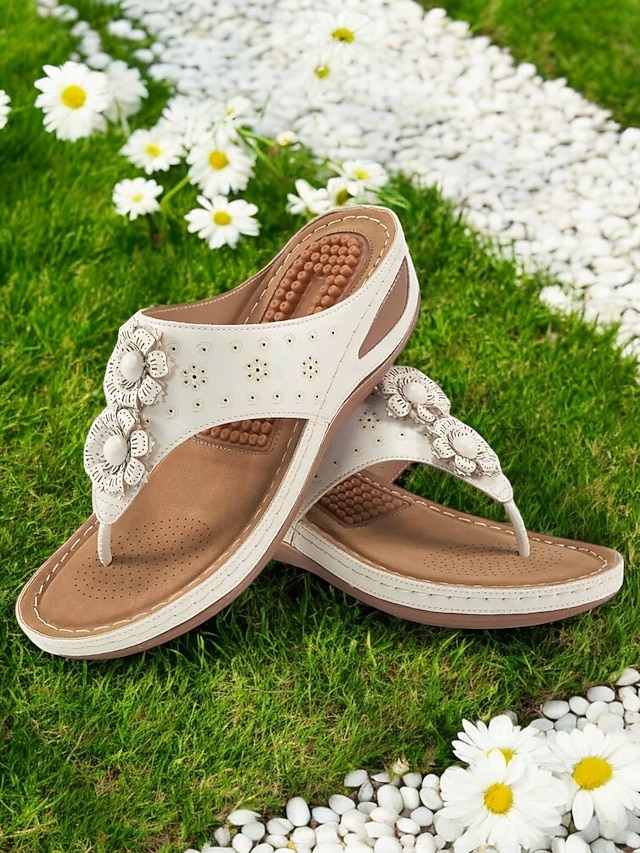  damskie sandały na koturnie z wkładką masującą – kwiatowe, boho japonki na co dzień, na lato, na plażę i na zewnątrz