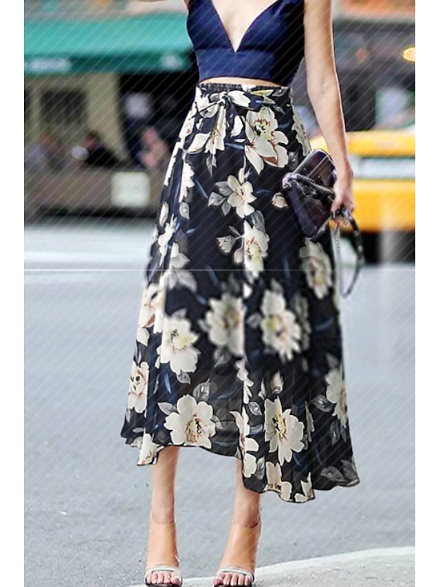  Femmes Jupe Évasé Occasionnel Maxi Taille Basse Jupes Fleuri Imprimé Micro-Élastique Vacances Sortir Noir Blanche Rose Bleu Été Polyester