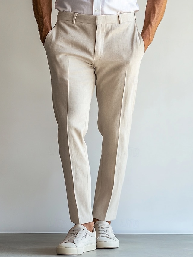  heren linnen broek nette broek zomer rechte pijp effen ademend casual vakantie mode hemelsblauw lichtgrijs beige