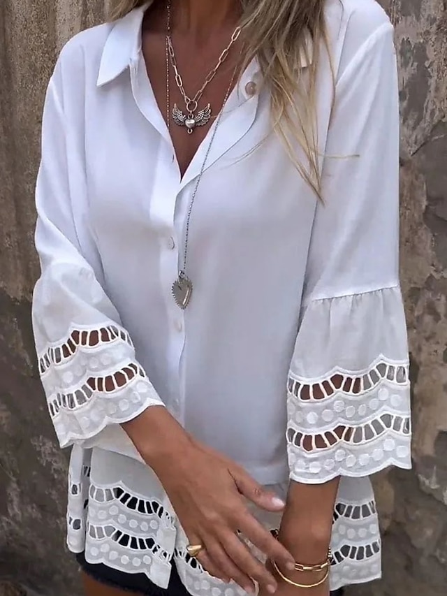  Dames Overhemd Effen Kleur Stijlvol Casual Lange mouw Overhemdkraag Normale tops Dagelijks Kant Lapwerk Knop Wit Zomer