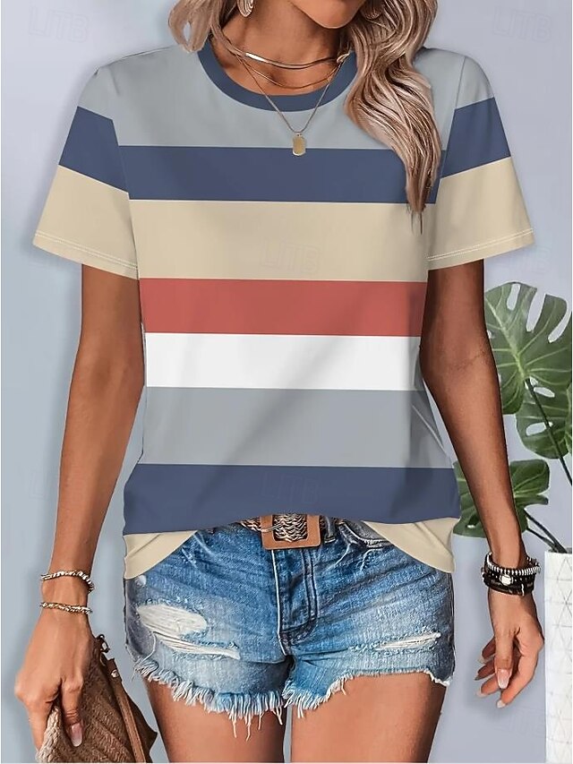 Women's T Shirt Graphic Striped Vintage Stylish Classic Short Sleeve Crew Neck Round Neck Regular Tops Daily Weekend Print Blue Summer Spring4