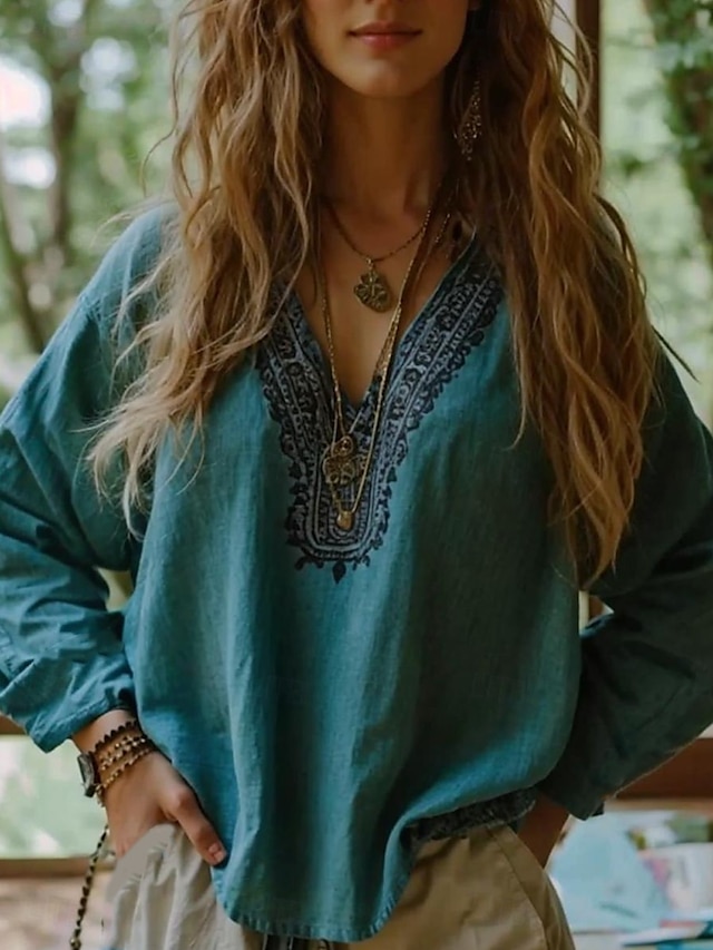  Blouse boho femme graphique florale bohème vintage tropicale à manches 3/4 col en V haut régulier bleu été printemps
