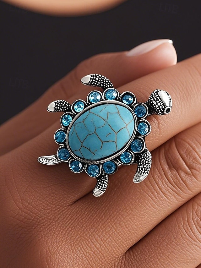  Women's Vintage Turtle Ring with Blue Turquoise Gemstone – Boho Animal Jewelry for Beach Vacations, Festivals and Casual Wear