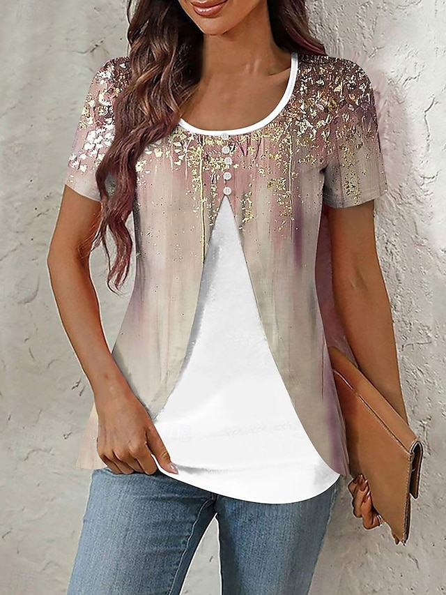  Damen T Shirt Ombre Grafik Marmor Elegant Stilvoll Kurzarm Rundhalsausschnitt Rundhals Normale Oberteile Täglich Ausgehen Patchwork Knöpfe Gestuft Rosa Blau Purpur Grün Sommer Frühling