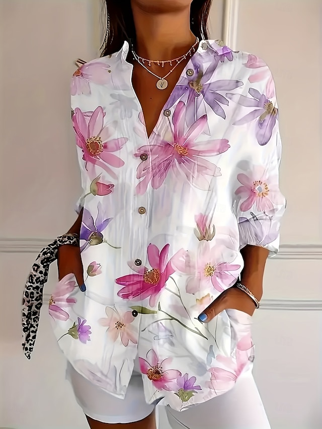  Dame Skjorte Blomstret Grafisk Daglig Stilfull Fritid Langermet Skjortekrage Vanlige topper Arbeid Daglig Knapper Trykt mønster Hvit Rosa Oransje Sommer Vår