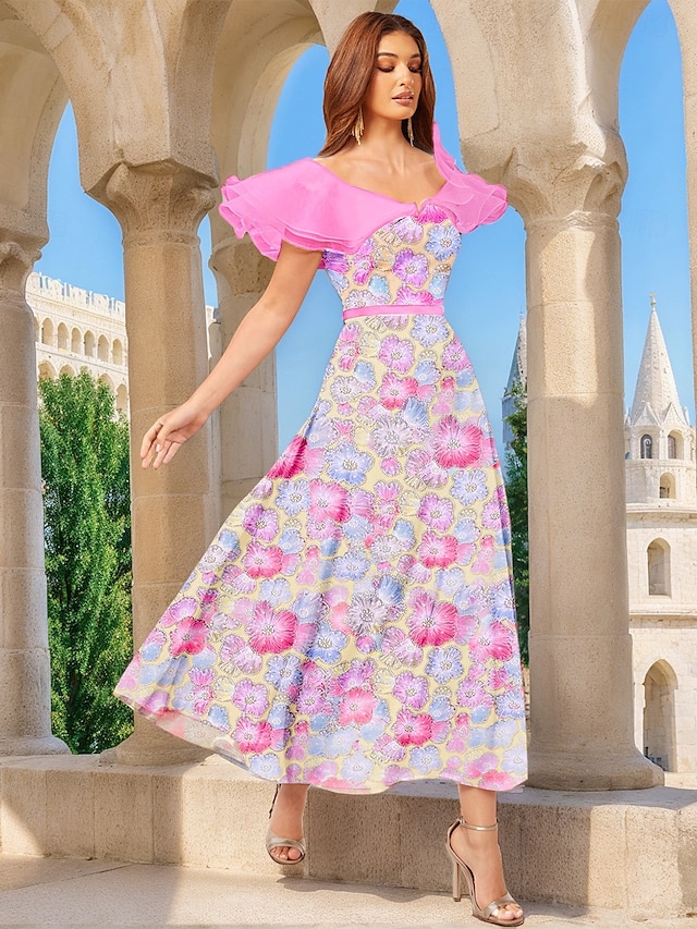  Vestidos de coquetel de renda com contas florais, vestido elegante, semi-formal, comprimento chá, manga curta, decote em V com babados, 2025