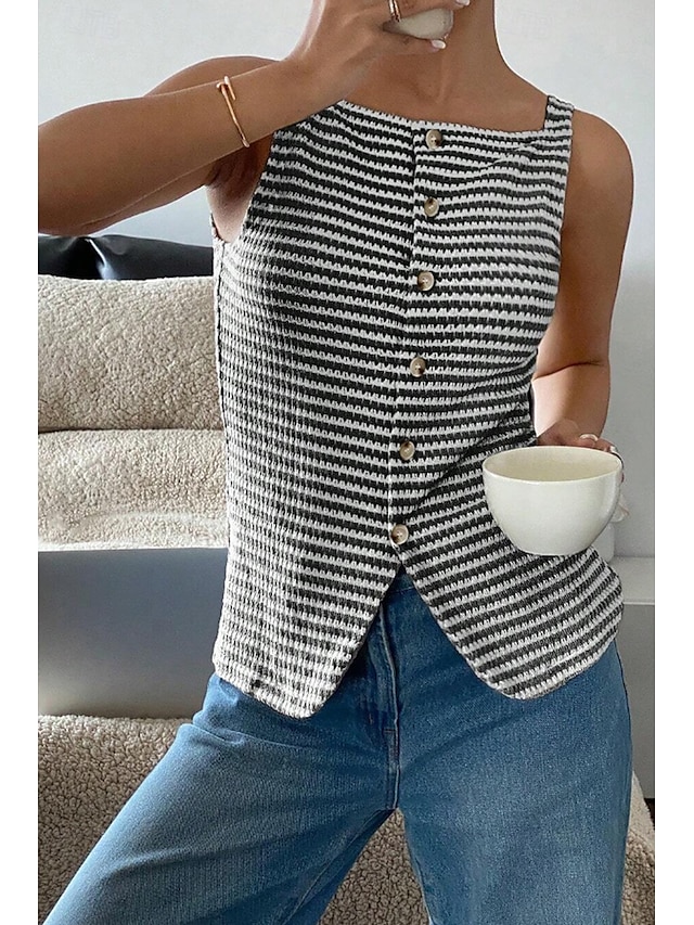  Femmes Chemisier Débardeur caraco Rayé Moderne Occasionnel Sans manches Bretelle Hauts Réguliers Quotidien Sortir Boutons Noir Abricot Été