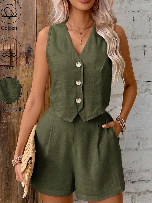  Women's Active Blouse Vest Shorts Sets Sleeveless V Neck Solid Color Dubbele Rij Knopen Holiday Casual Daily Black Wine Army Green Summer Regular Fit