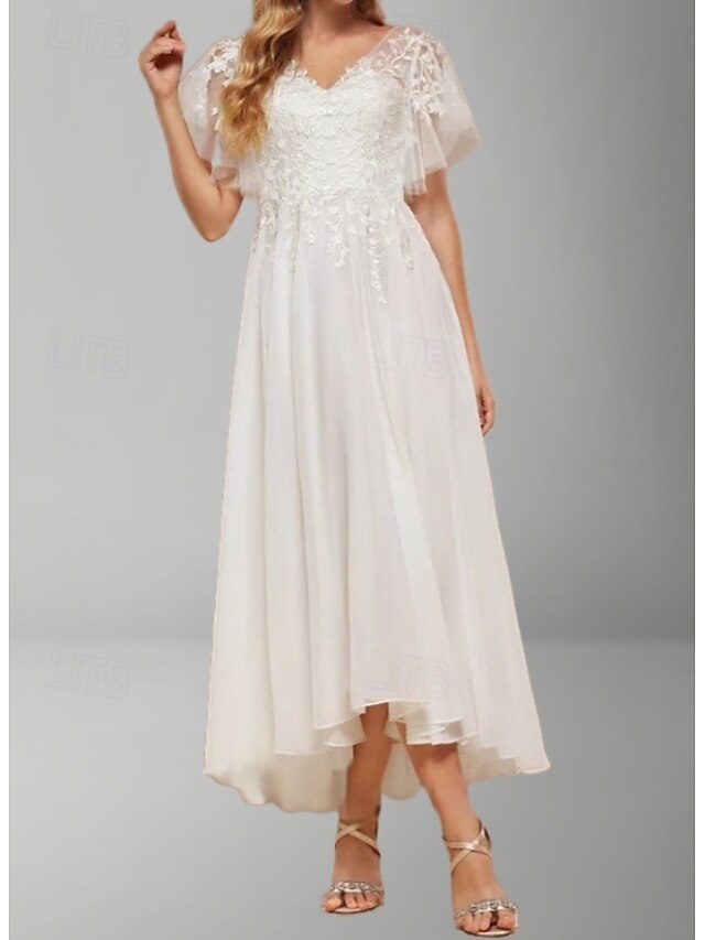  Rochie mică albă pentru logodnă Rochii pentru dușul miresei Rochii de nuntă în formă de A Guler în V cu mânecă scurtă Asimetrică din chiffon Rochii de mireasă cu pliseuri aplicații