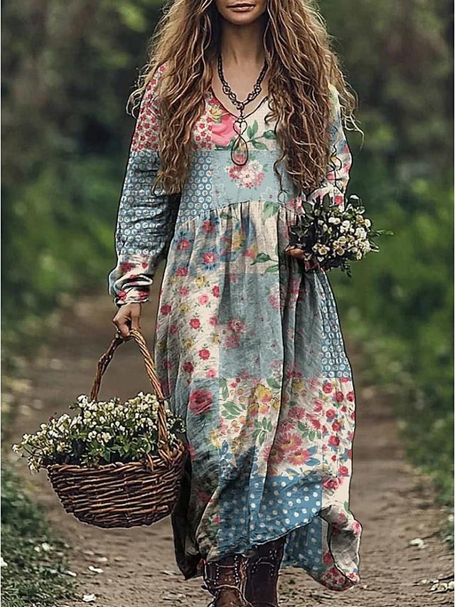  Damen Maxikleid Sommerkleid Faltenkleid Urlaub Lässig Boho Ausgehen Strand Lässiger Schnitt Blumen Grafik Langarm V Ausschnitt Blau Hellblau-Weiß Amethyst Sommer Frühling