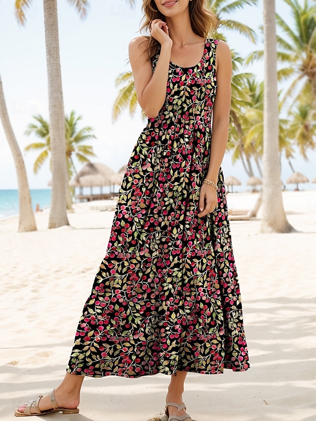  Damen Midikleid Sommerkleid A Linie Kleid Schulterfreies Kleid Elegant Urlaub Lässig Formpassend Blumen Grafik Ärmellos U-Ausschnitt Rundausschnitt Rote Blau Purpur Grün Sommer Frühling