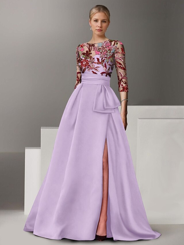 Elegant Ball Gown Half Sleeve Shirt Collar Satin Slit Floor-Length Mother Of The Bride Dress
