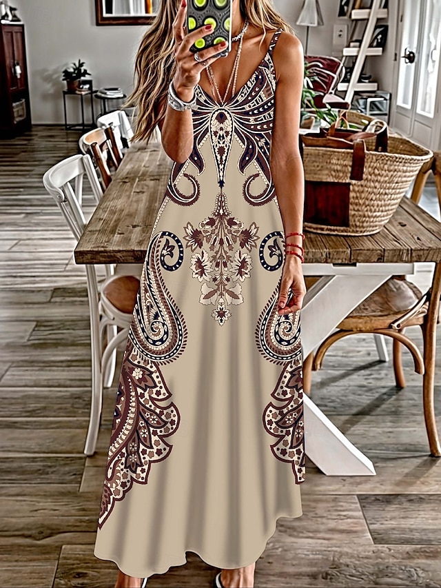  Per donna Abito maxi Vestito Estivo Abito a trapezio Abito Sottoveste Vacanza Casual Boho Uscire Spiaggia Vestibilità comoda Grafico Paisley Tribale Senza Maniche Scollo a V Spalline sottili Cachi