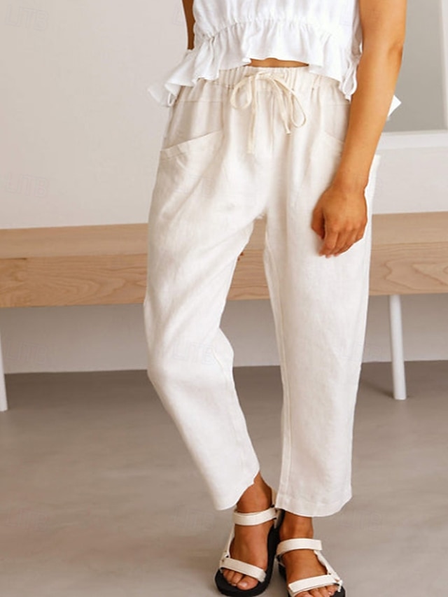  Per donna Pantaloni in cotone e lino Pantaloni Eleganti Moda Streetwear Lunghezza intera Naturale Semplice Tasca Design con Coulisse Elastica All'aperto Confortevole Vacanza Uscire Ruggine Blu cielo