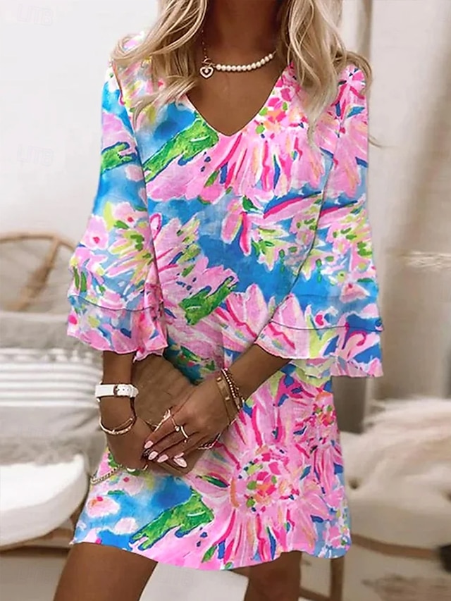  Per donna Mini Abito Vestito Estivo Abito a trapezio Vacanza Casual Boho Spiaggia Vestibilità regolare Ombre Floreale Grafico Manica 3/4 Scollo a V Colourful Rosa Azzurro cielo Blu inchiostro Estate