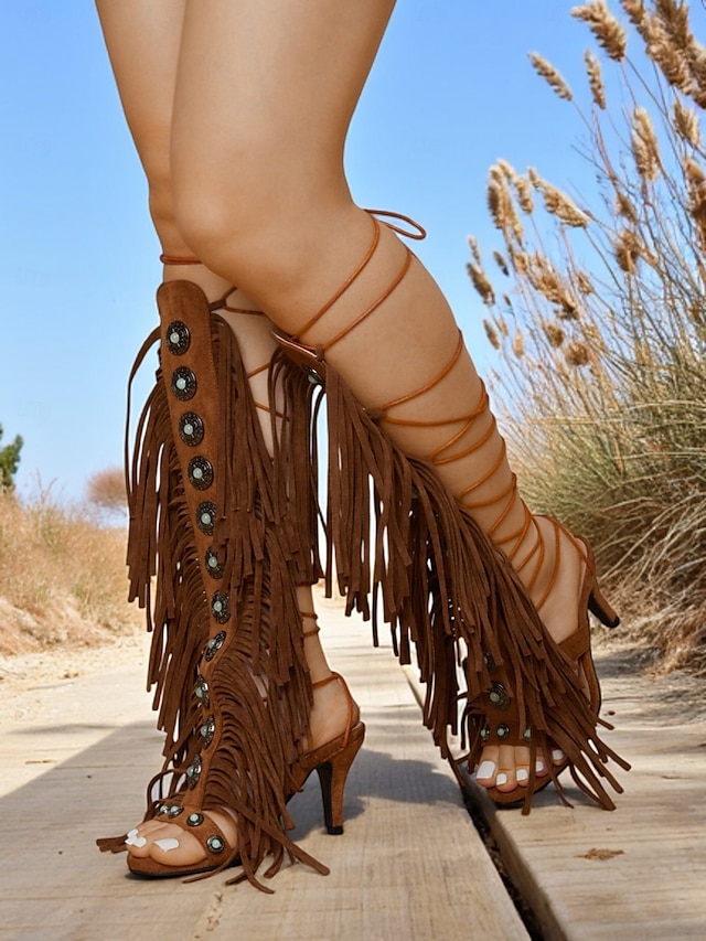  Women's Brown Boho Fringe Gladiator Heeled Sandals – Western Style Knee-High Lace-Up Boots for Music Festivals, Summer Parties & Retro Fashion