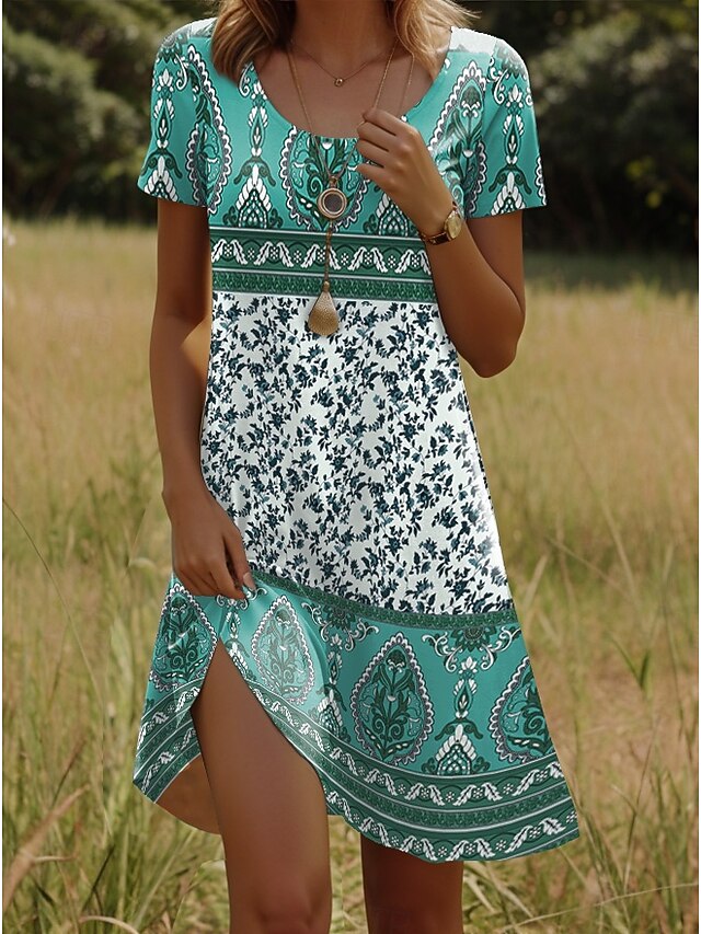  Damen Minikleid T-Shirt-Kleid Sommerkleid Shiftkleid Urlaub Lässig Boho Party Strand Standard Passform Blumen Grafik Stammes Kurzarm Rundhalsausschnitt Gelb Rote Blau Purpur Sommer Frühling