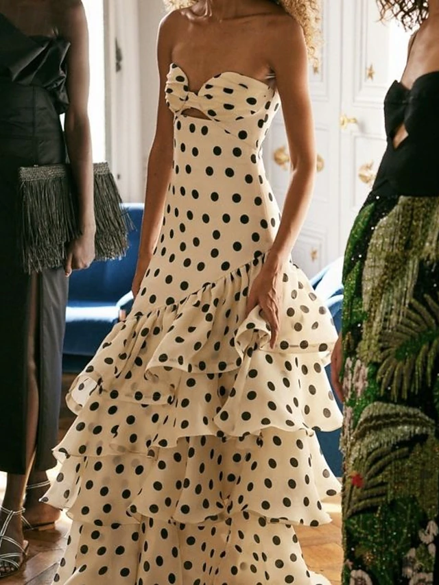 A-Line Cocktail Dresses Tiered Dress Semi Formal Wedding Guest Dress Floor Length Strapless Sweetheart Neckline Chiffon with Ruched Ruffles Polka Dots Print4