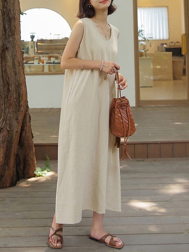  Per donna Abito Midi Abito in cotone e lino Classico Vacanza Quotidiano Uscire Vestibilità regolare Semplice Senza Maniche Scollo a V Marrone Albicocca Estate