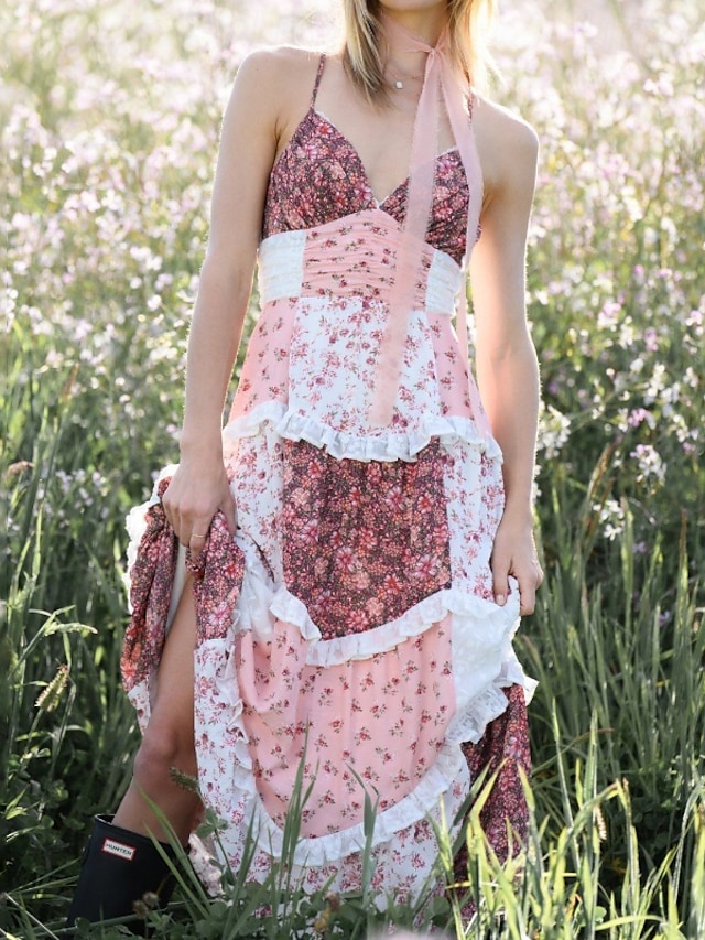  Per donna Abito Lungo Maxi Abito Abito Sottoveste Abito Boho Abito occidentale Classico Vacanza Data Uscire Vestibilità regolare Fiore Senza Maniche Spalline sottili Rosa cipria Rosa Estate