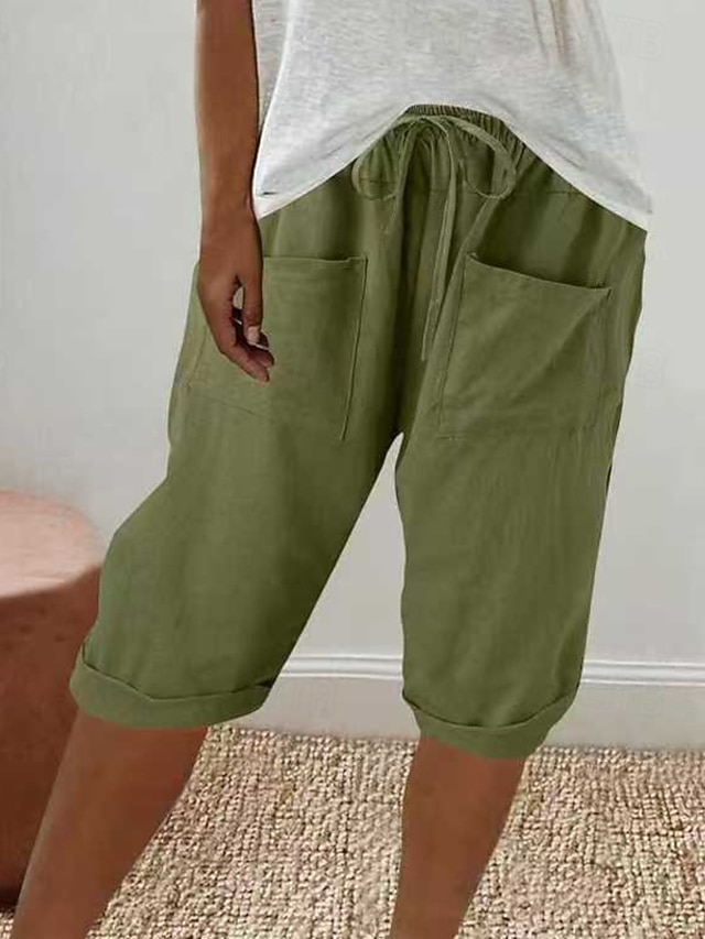  Damen Caprihose Hose aus Baumwollleinen Stoffhosen Lässig Wadenlang Natürliche Taille Einfach Tasche Elastischer Bund Bequem Außenbereich Outdoor Wochenende Grau Schwarz Weiß Grün Sommer Normale