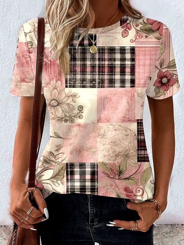 Women's T Shirt Floral Graphic Geometric Casual Short Sleeve Crew Neck Round Neck Regular Tops Daily Print Pink Summer4