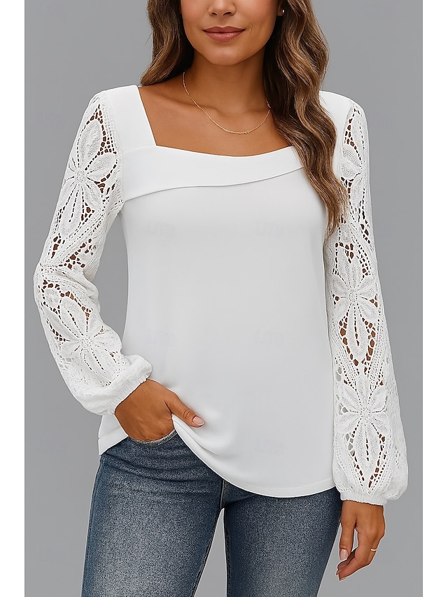  Damen Spitzentops Einfach Stilvoll Modern Langarm V Ausschnitt Normale Oberteile Täglich Ferien Spitze Weiß Sommer
