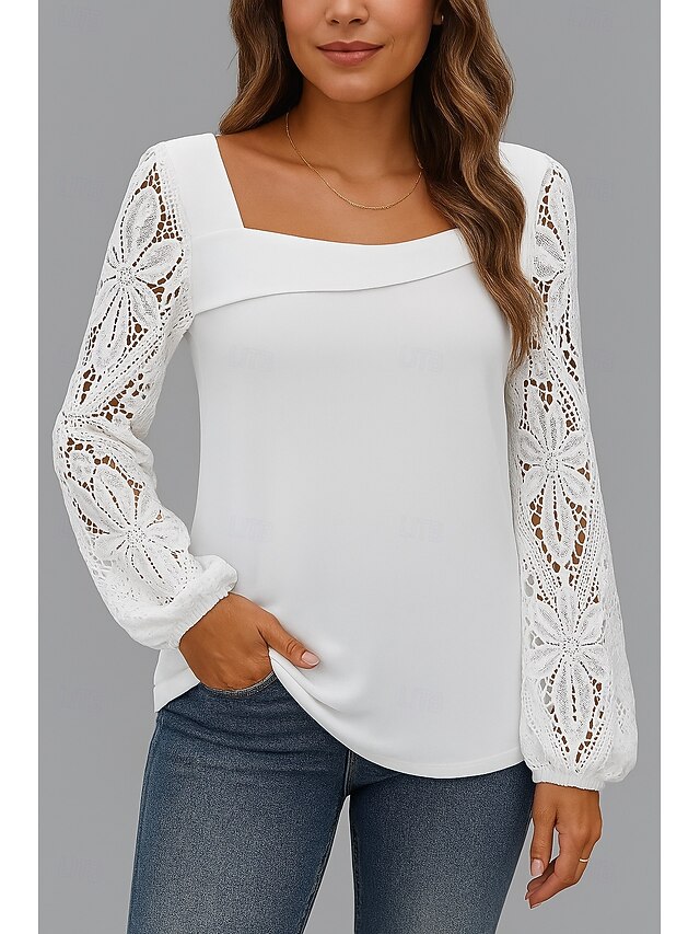 Women's Lace Tops Plain Stylish Modern Long Sleeve V Neck Regular Tops Daily Holiday Lace White Summer4
