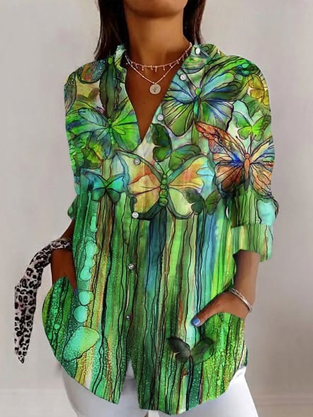  Dames Overhemd Bloemig Grafisch Dagelijks Stijlvol Casual Lange mouw Overhemdkraag Normale tops Werk Dagelijks Knop Afdrukken Wit blauw Groen Zomer Lente