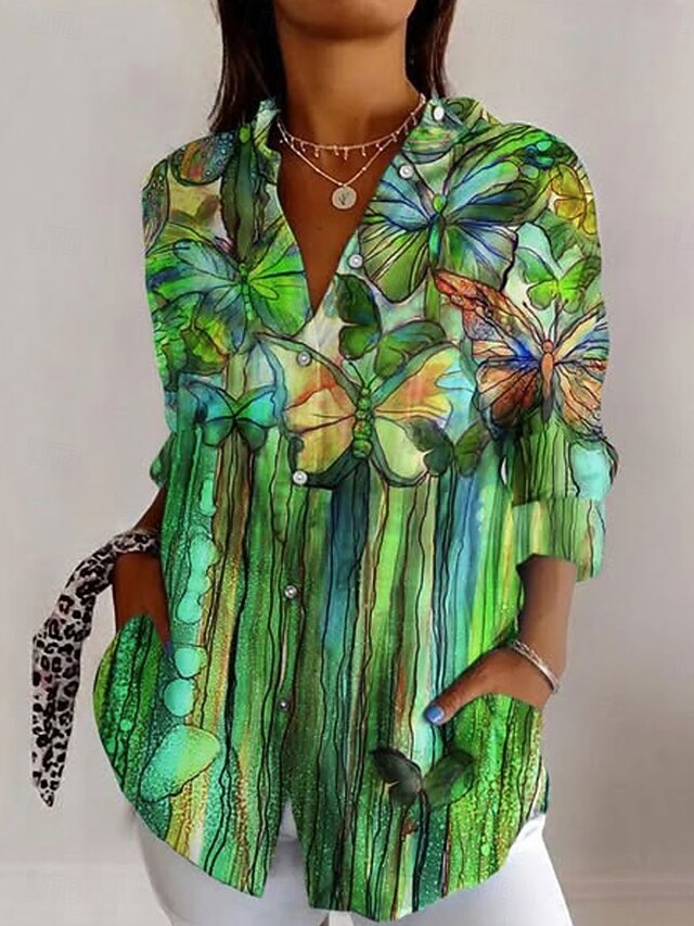 Women's Shirt Button Down Tunic Shirt Collar Long Sleeve Floral Graphic Daily Stylish Casual Regular Tops Work Daily s Print White Blue Green Spring4