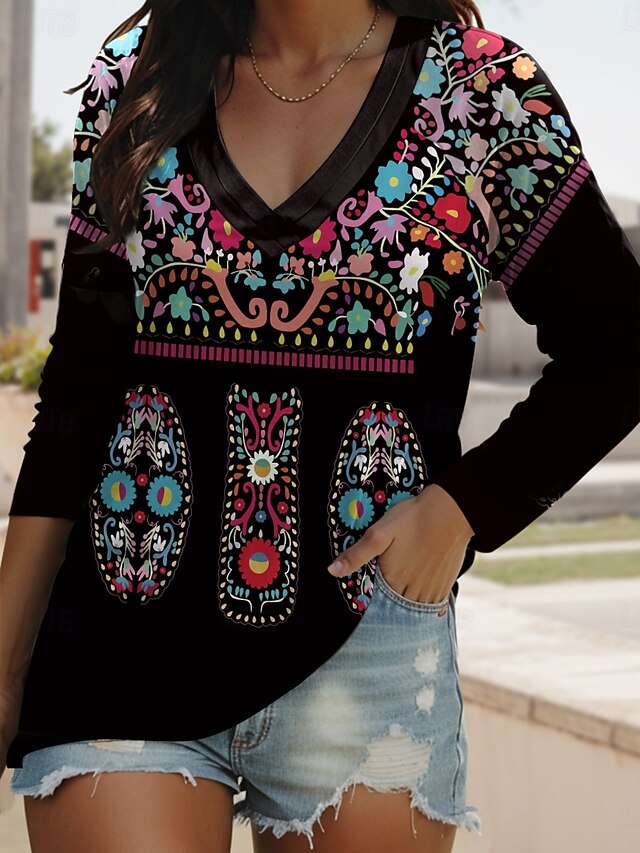 Women's T shirt Long Sleeve V Neck Long Sleeve Tunic Tribal Vintage Elegant Bohemia Vintage Regular Tops Daily Vacation Wear Print Black White Spring Fall Prefall3