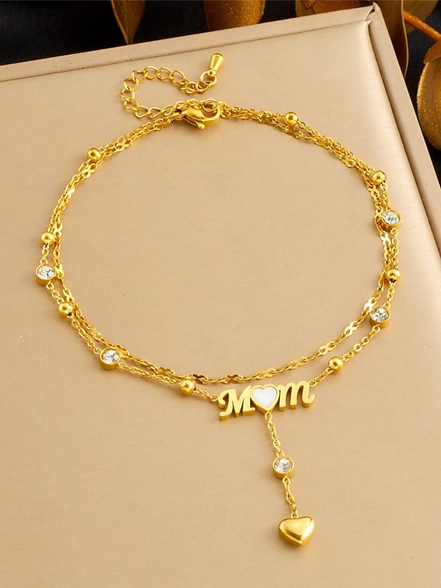  Women's Gold-Tone 'MOM' Heart Charm Anklet – Double-Layer Crystal Chain Design for Mothers, Elegant Beach Jewelry, Perfect Mother's Day Gift