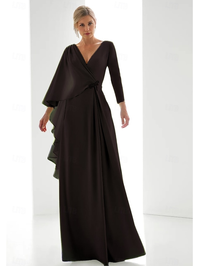  Grøn Chiffon A-Linie Aftenkjole Elegant Bryllup Gæst Kjole Formelt Gulvlængde Lange Ærmer V Uden Slids