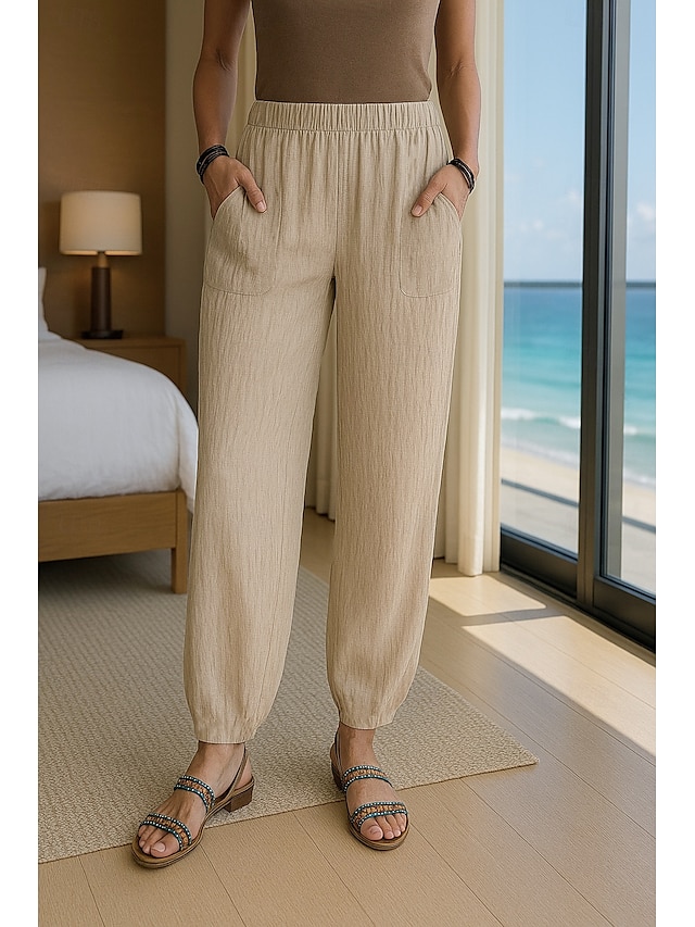  Per donna Pantaloni in cotone e lino Comfort Lunghezza intera Vita Alta Semplice Tasca Fascia Elastica Comodo All'aperto Confortevole Streetwear Abbigliamento quotidiano Uscire Nero Bianco Blu marino