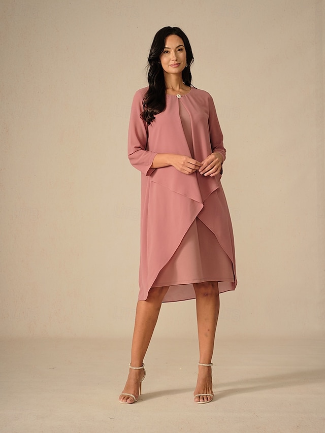  Dame Knelang kjole Kjole med A-linje Elegant Fest Bursdag Bryllupsgjest Cocktailfest Normal Helfarge 3/4 ermer Crew-hals Rosa Sommer