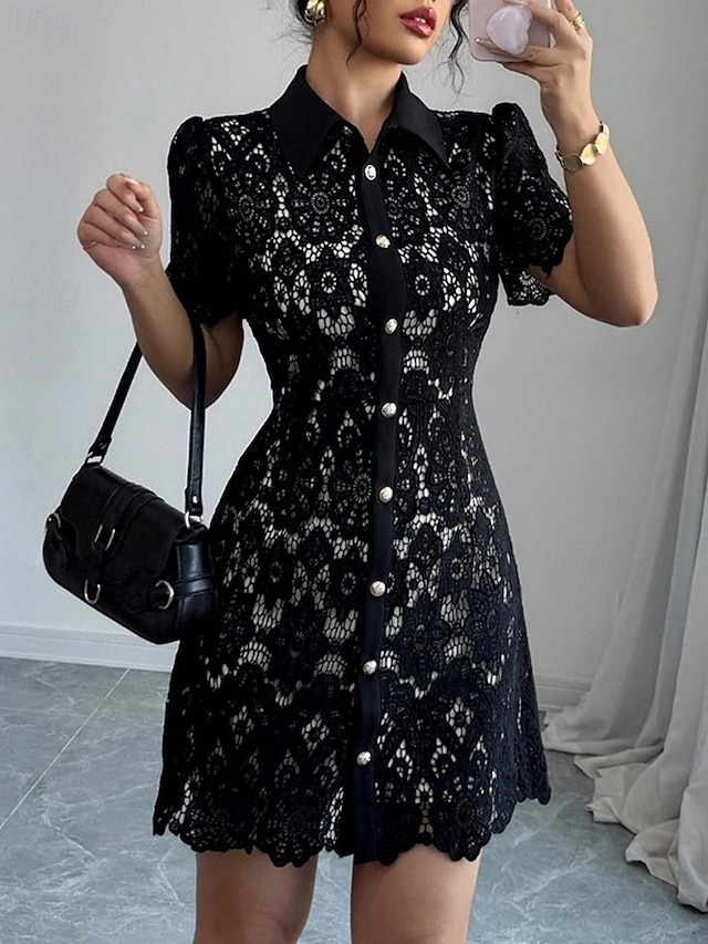  Pentru femei Rochie Mini Rochie de dantela Rochie de vară Elegant Modă În aer liber Petrecere Concediu Fit regulat Simplu Manșon scurt Guler Cămașă Negru Vară Primăvară