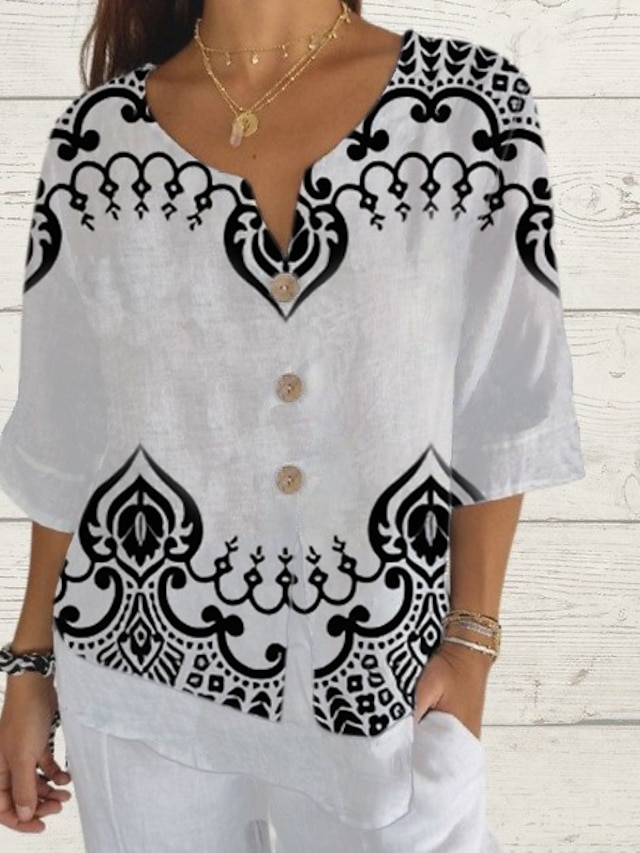  Femmes Chemise Hauts d'été Graphique Géométrique Classique Occasionnel Manche 3/4 Col en V Hauts Réguliers Quotidien Week-end Imprimé Blanc / Noir Été Printemps Automne