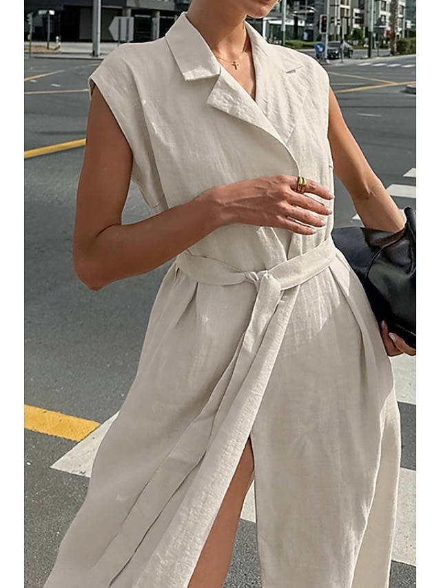  Femmes Robe Midi Robe Chemise Robe en coton et lin Moderne Quotidien Sortir Week-end Coupe régulière Uni Sans manches Col de chemise Kaki Été
